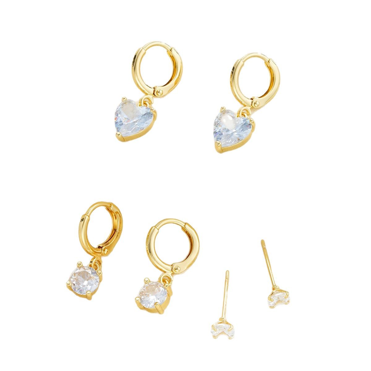 New European and American fashion cross-border geometric heart-shaped zircon copper earrings 3-piece set earrings, light luxury and high-end women's earrings Item Picture