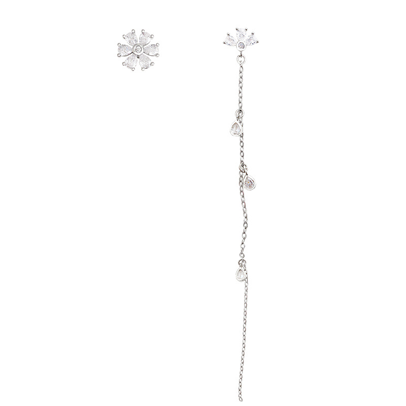 New 925 silver needle long tassel earrings from Japan and South Korea, fashionable zircon asymmetrical flower style stud earrings for women Item Picture
