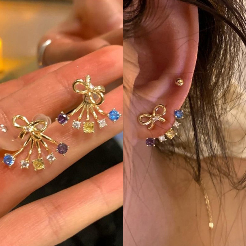 Colorful bow stud earrings for women, 925 silver needle double-wear personalized earrings, high-end Korean-style zircon earrings and pendants Specification drawing