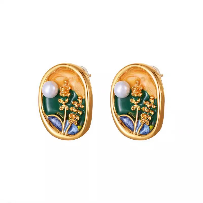 Oil painting vintage earrings, French retro beaded, fashionable and high-end, floral temperament, niche stud earrings, artistic and unique earrings Item Picture