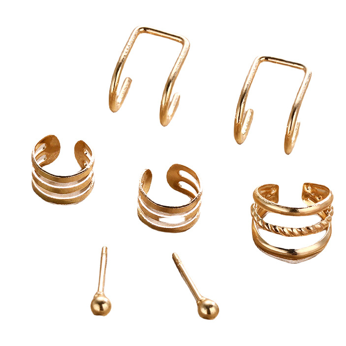 Cross-border retro European and American hollowed-out creative and simple multi-layer ear clip set, golden women's ear clip earrings 7-piece set Item Picture
