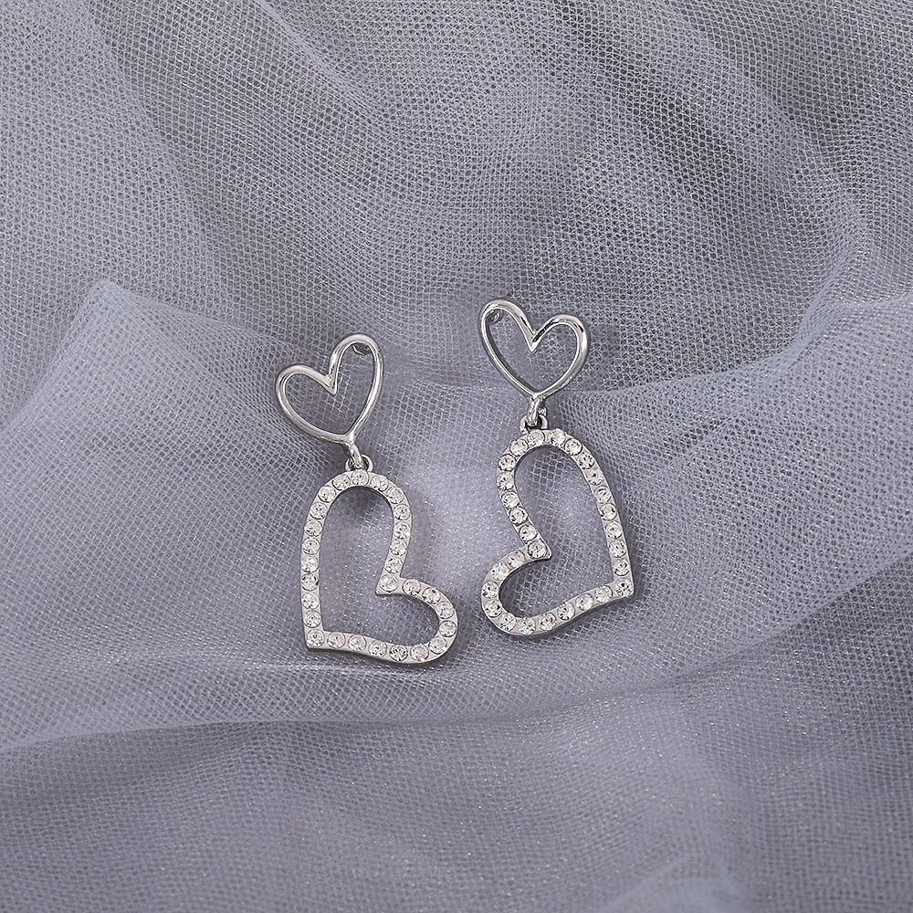 S925 Silver Needle Double-layer diamond-encrusted heart-shaped earrings, trendy Korean-style stylish earrings, long earrings for female Internet celebrities, stud earrings Specification drawing