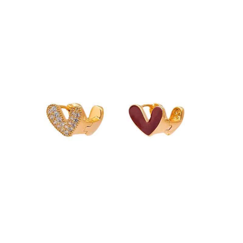 925 Silver needle, red, slightly studded with diamonds, double-sided heart-shaped ear buckles, niche, elegant, exquisite and versatile earrings, light luxury earrings Item Picture