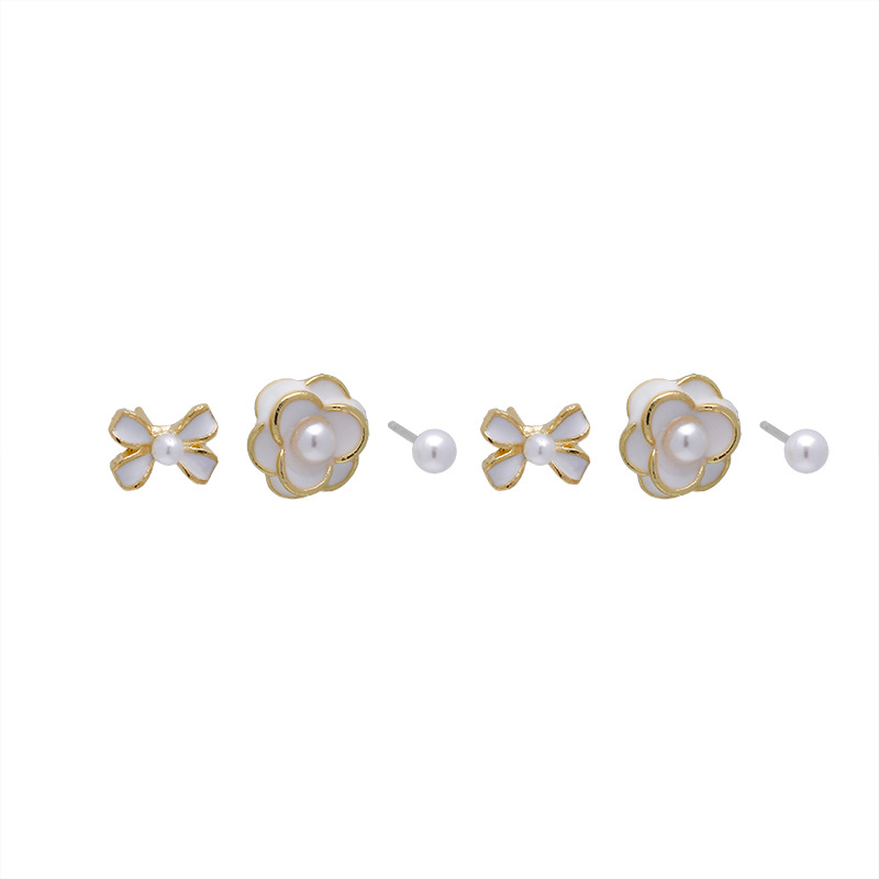 Camellia pearl set earrings, women's ins-style niche design, elegant earrings wholesale, Internet celebrity bow stud earrings Item Picture