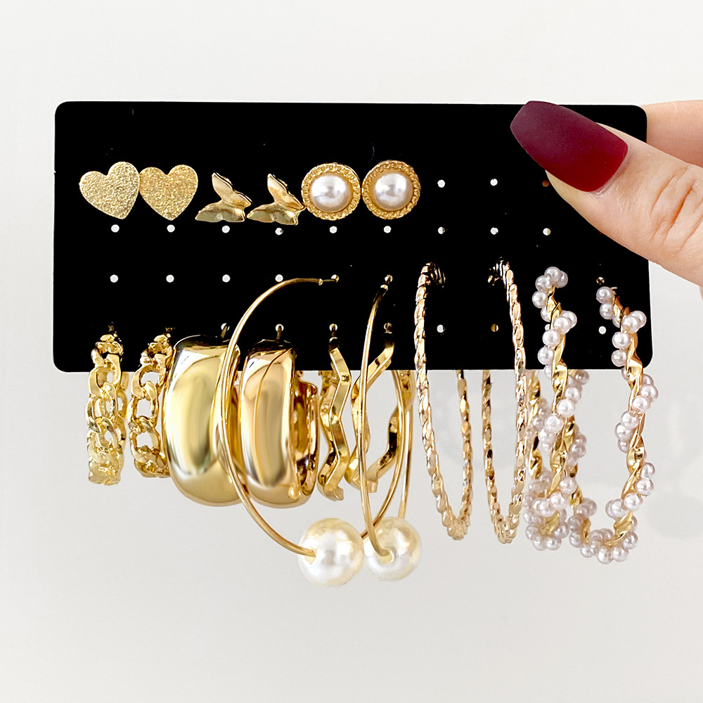 New European and American earring set, creative and simple earring set, 9 pairs of butterfly heart earrings, pearl imitation ear rings full figure