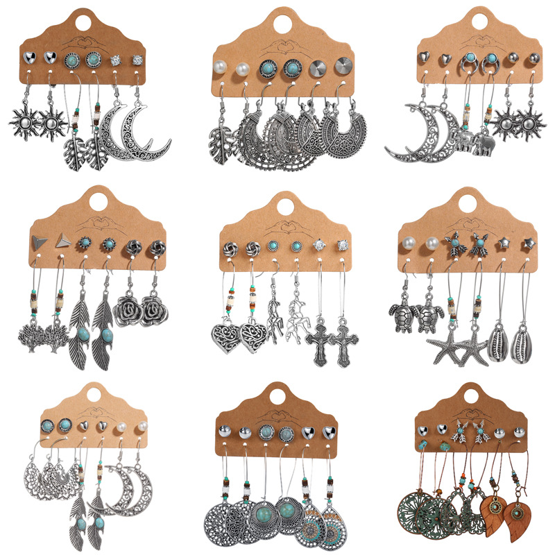 51598 Han Zhishang Cross-border Sun, Leaf and Moon Stud Earring Set 6 Pairs Creative Retro Hollowed-out Carved Earrings Item Picture