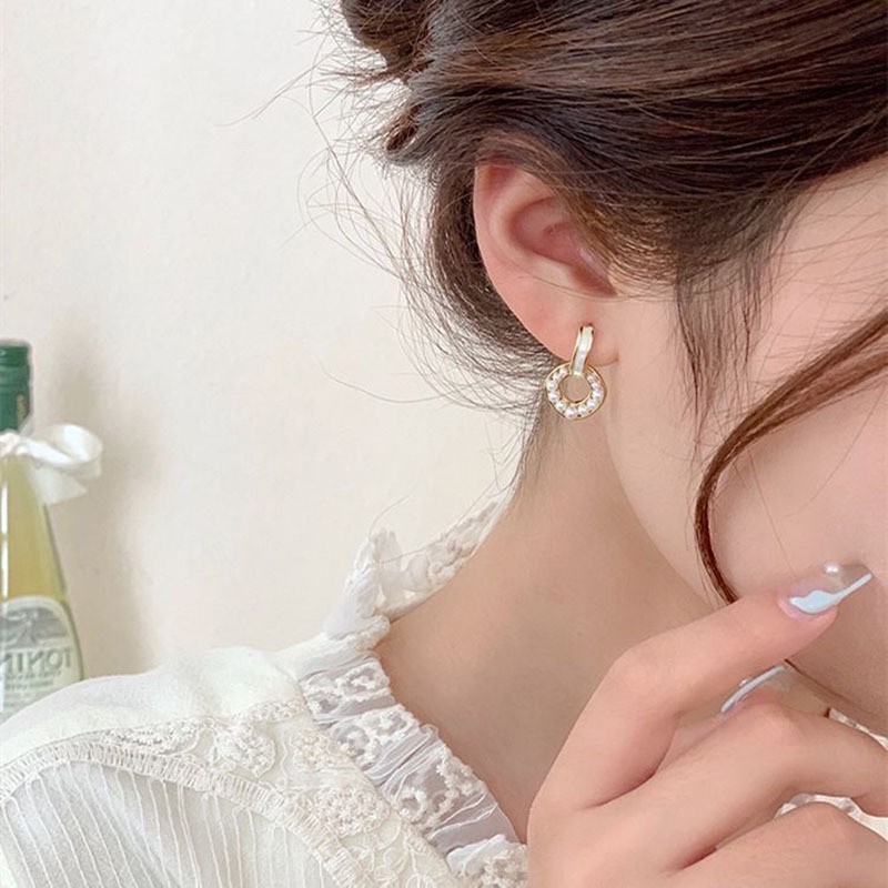 S925 Silver needle Korean version Dongdaemun style simple and elegant pearl geometric ring earrings, trendy and sweet style stud earrings Specification drawing