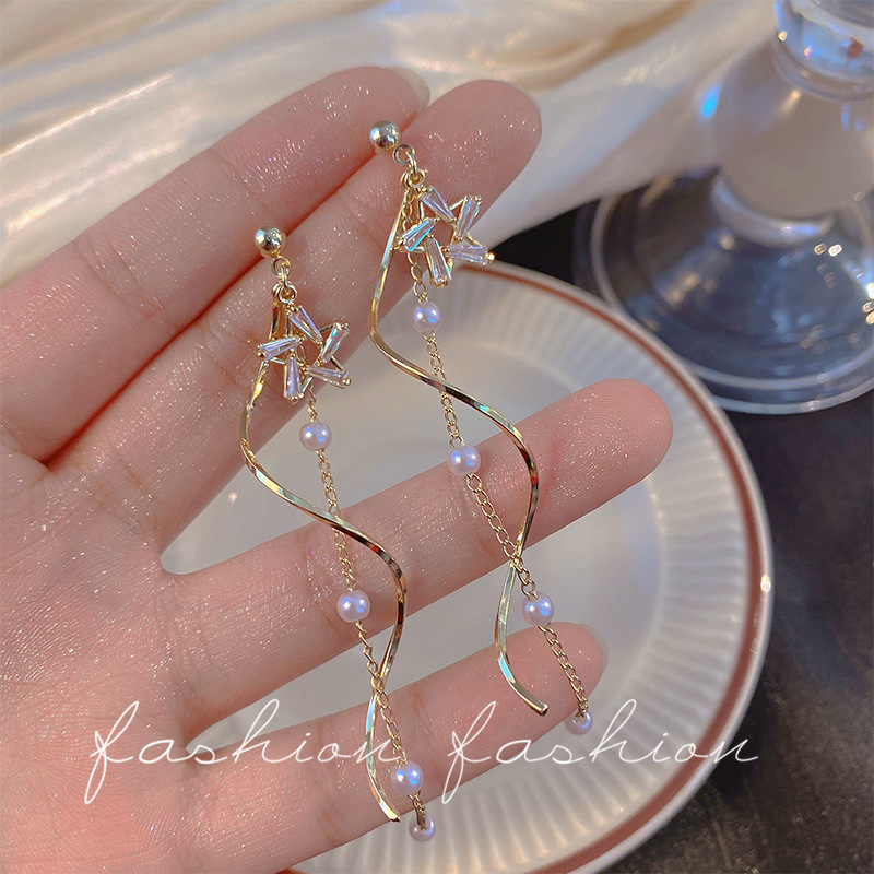 925 Silver needle long star tassel pearl earrings, women's ins style, fashionable and versatile, elegant stud earrings, high-quality wholesale full figure