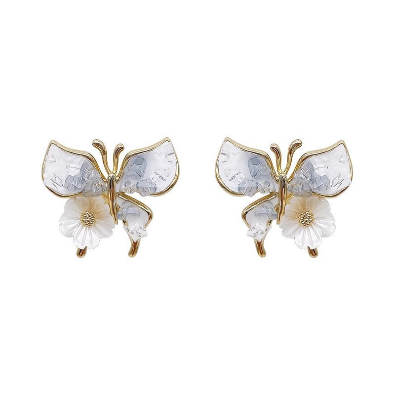 Korean-style gradient blue butterfly flower stud earrings, fresh and unique, versatile earrings, high-end and exquisite silver needle earrings Item Picture