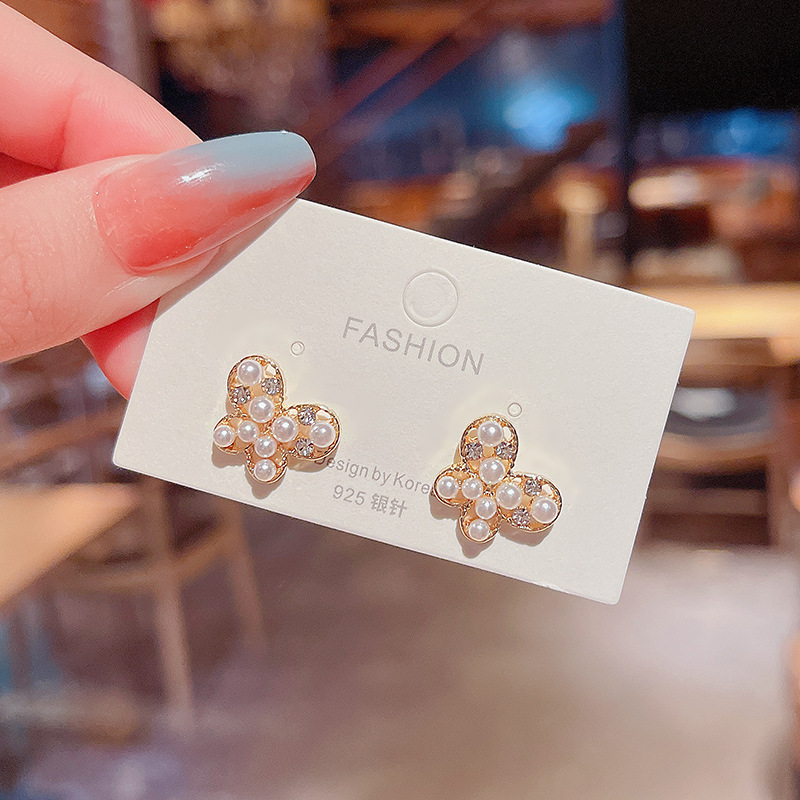 S925 Silver Needle Korean Edition Summer New simple butterfly Zircon pearl Stud earrings for women, super fairy-like design for women details Picture