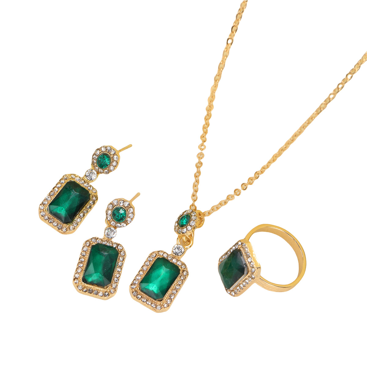 Cross-border European and American best-selling, niche, high-end design sense emerald gemstone, light luxury style stud ring necklace set Item Picture