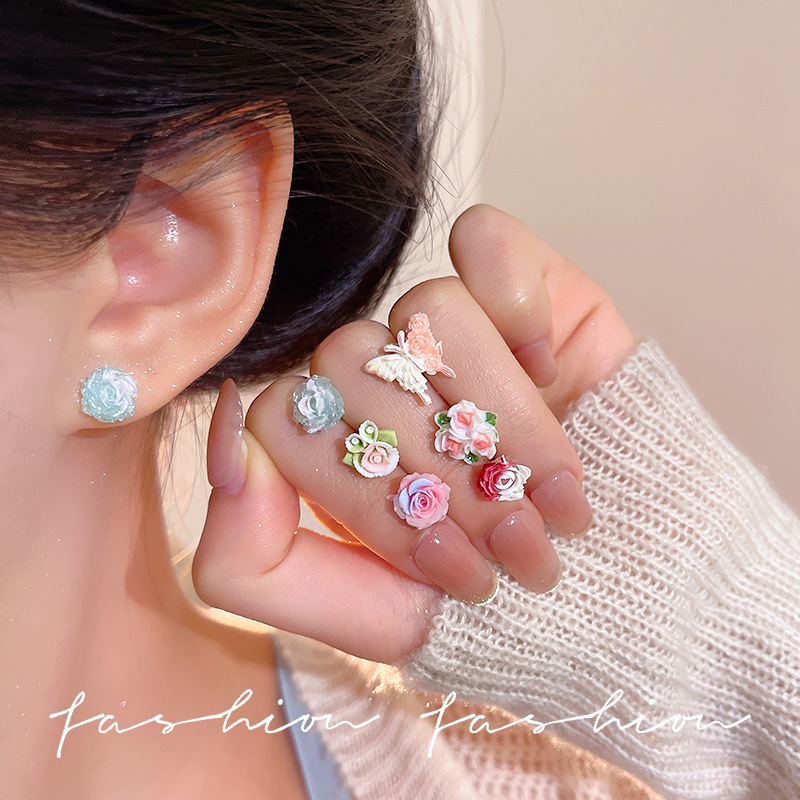 Spring/Summer 2025 new S925 silver needle stud earrings for women, colorful and fresh camellia flower earrings, resin butterfly earrings details Picture