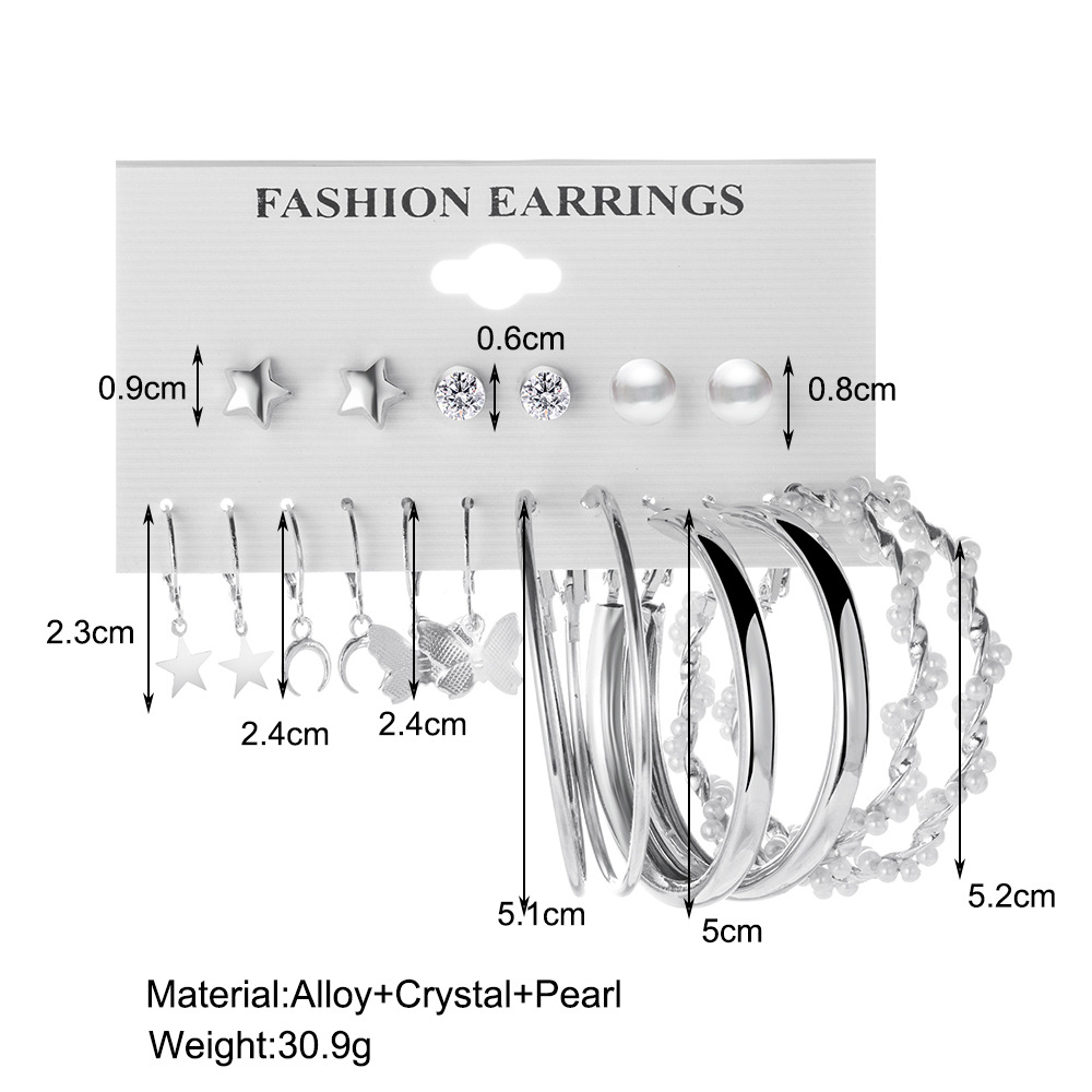 Wholesale of new cross-border silver butterfly imitation pearl earrings, creative five-pointed star moon earrings set of 9 pairs details Picture