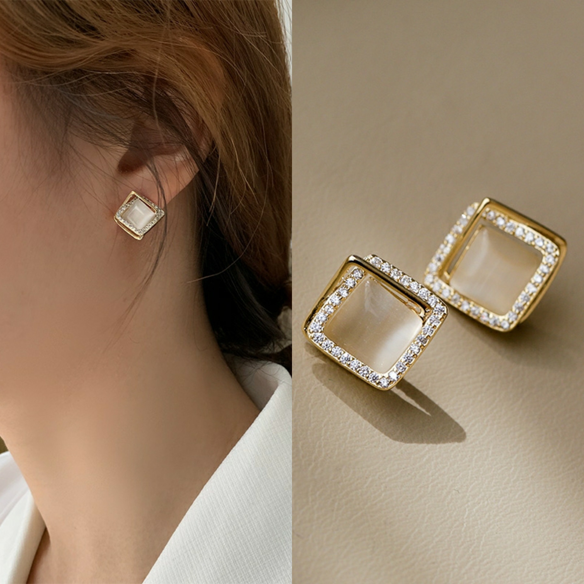 S925 Silver needle cat's eye stone ear studs, simple design sense, geometric square earrings, women's retro, gentle and elegant earrings full figure