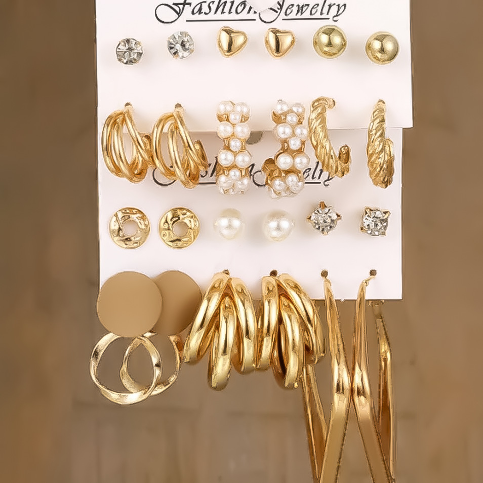 A new 12-piece set of square three-tube imitation pearl earrings from Europe and America, featuring creative and retro geometric-shaped ear loops full figure