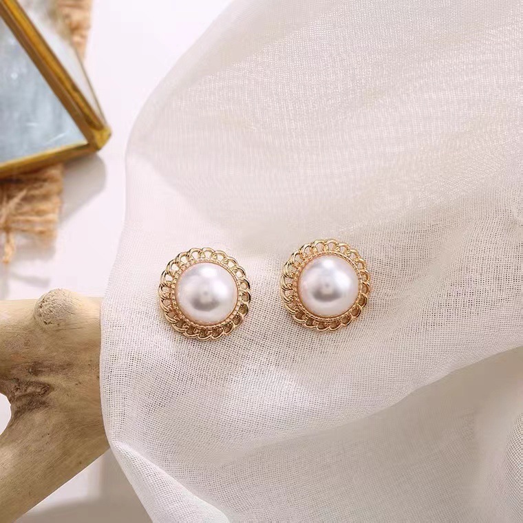 S925 Silver Needle Sweet Korean-style round pearl stud earrings, women's geometric light luxury hollowed-out earrings, simple and fashionable earrings details Picture