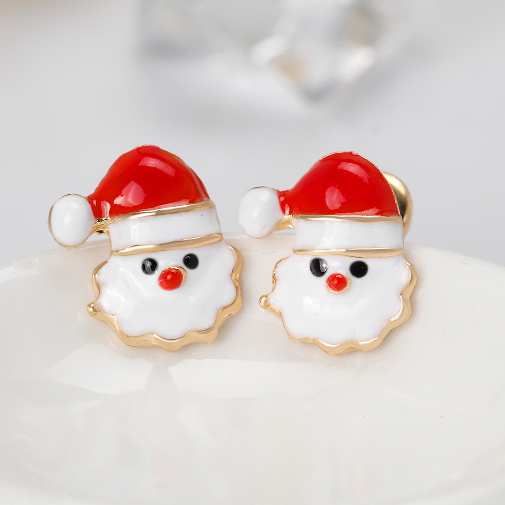 S925 silver needle Christmas stud earrings in stock wholesale, European and American fashionable, individual and cute alloy painting oil Santa Claus earrings Specification drawing