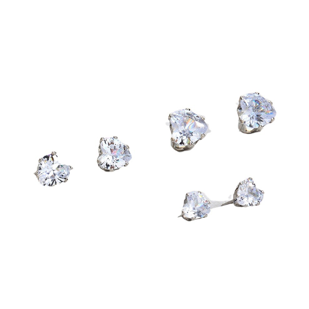 3 pairs of simple and elegant European and American cross-border water diamond stud earrings, super flash Zircon set, heart-shaped small stud earrings Item Picture