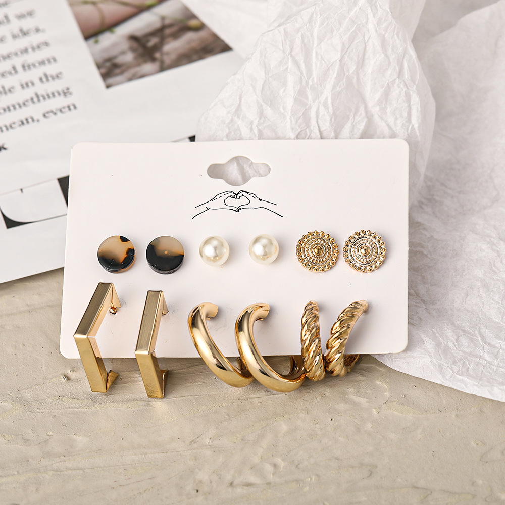 Cross-border imitation pearl leopard print acrylic stud earrings creative retro gold geometric twist earrings set of 6 pairs Specification drawing
