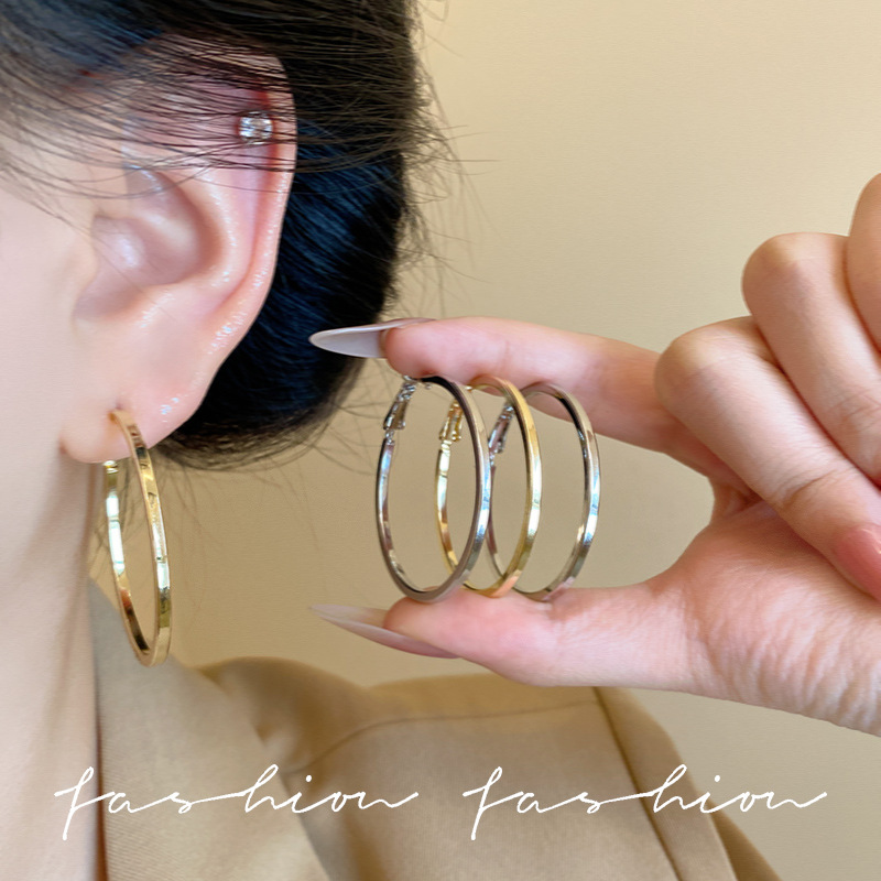 Korean trend ins style simple silver needle metal smooth square ring ear buckle light luxury commuter earrings, high-end women's earrings full figure