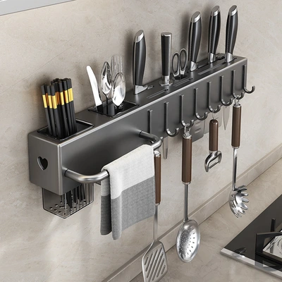 Non-drilling kitchen storage rack, household wall-mounted multi-functional kitchen knife rack, chopstick knife rack, integrated knife storage rack thumbnail