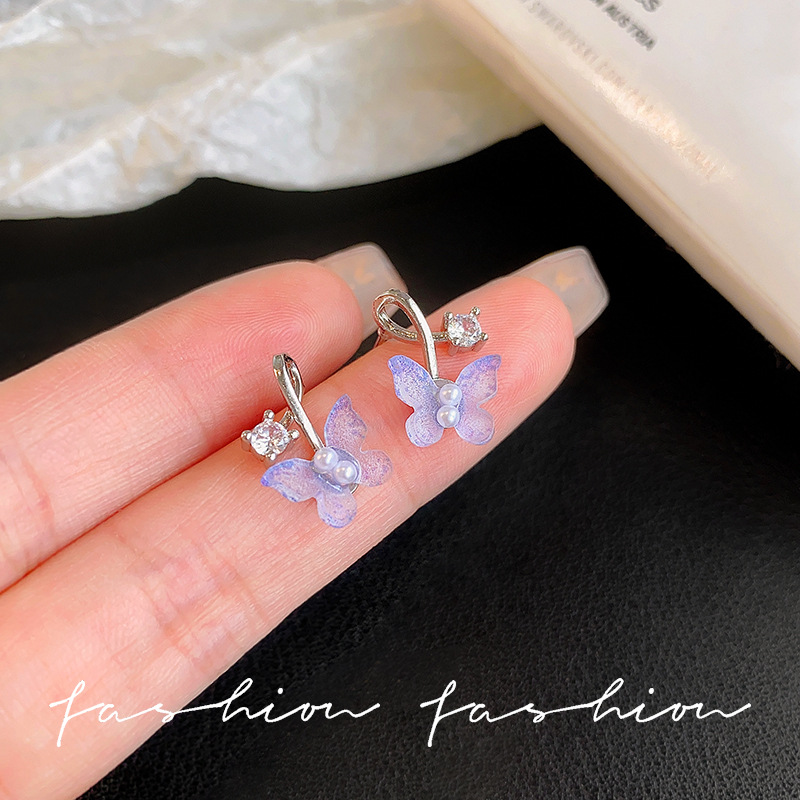 Gradient blue butterfly pearl stud earrings, light luxury and high-end zircon earrings, fashionable and unique, sweet cross-shaped earrings details Picture