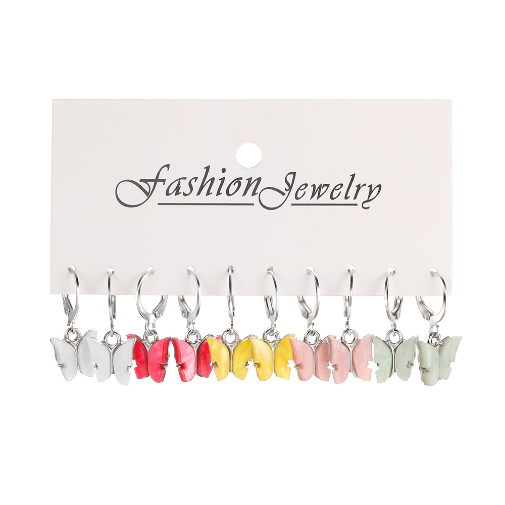 A 5-piece set of European and American colorful butterfly earrings, creative earrings, women's fashionable combination ear buckles, high-end earrings Item Picture
