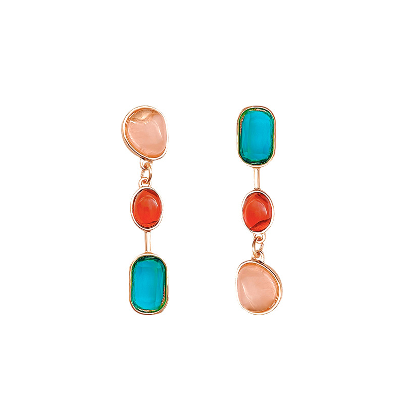 Asymmetrical colored gemstone earrings, vintage silver needle contrasting color stud earrings, niche design sense, high-end and unique tassel earrings Item Picture