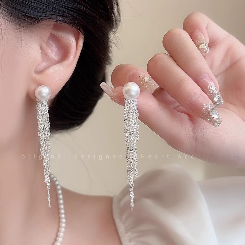 Super fairy French long tassel pearl stud earrings for women, a niche design sense, fashionable and high-end earrings, elegant and simple earrings full figure