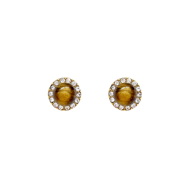 Maillard style imitation tiger's eye stone ear studs, women's retro Hong Kong-style earrings, simple, light luxury, niche and high-end earrings, silver needles Item Picture