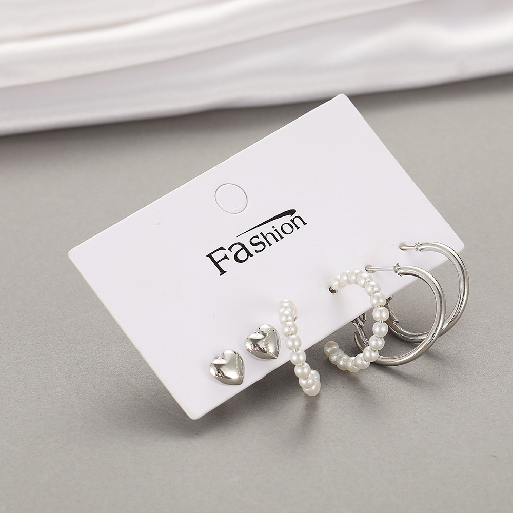 European and American cross-border simple alloy silver 3-pair earrings, heart-shaped stud earrings, creative geometric ear rings, and pearl imitation earrings Specification drawing