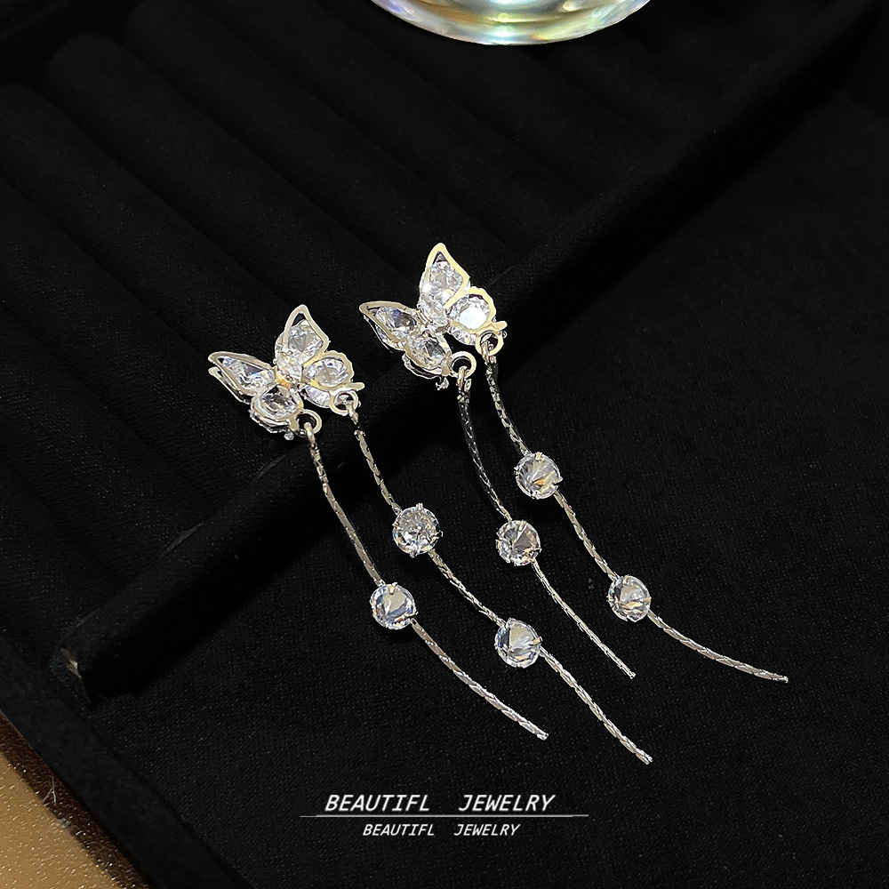 Korean style simple and elegant long tassel earrings, female Internet celebrity style light luxury bow earrings, exquisite and individual earrings Specification drawing