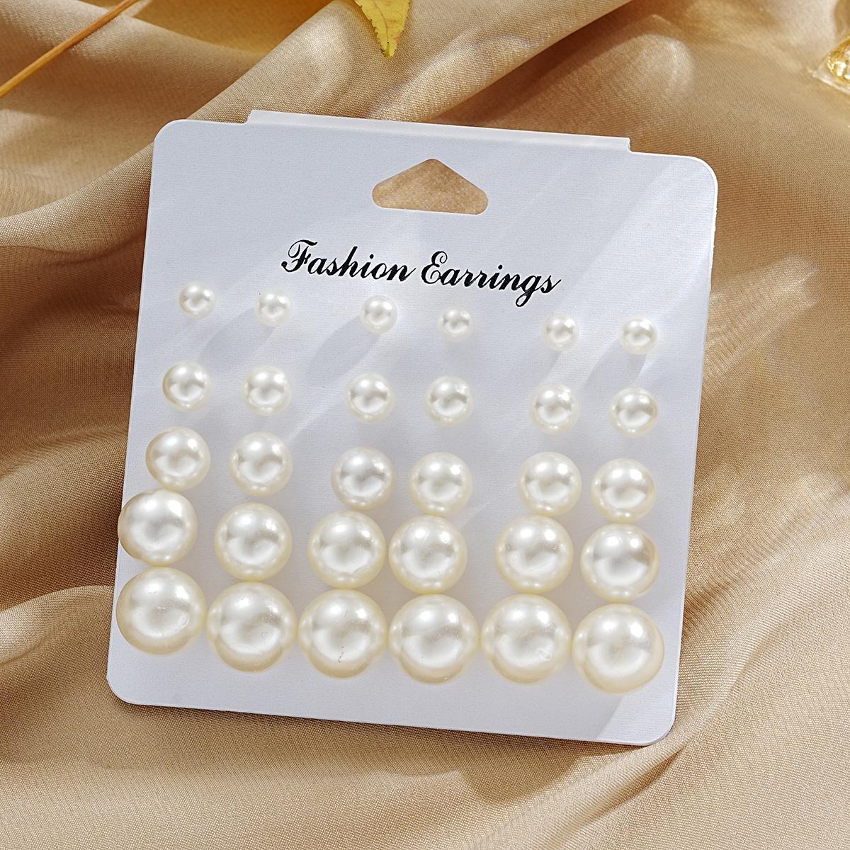 A unique 15-pair combination card set of earrings for women, featuring retro imitation pearl stud earrings made of paper cards and popular cross-border products from Europe and America details Picture