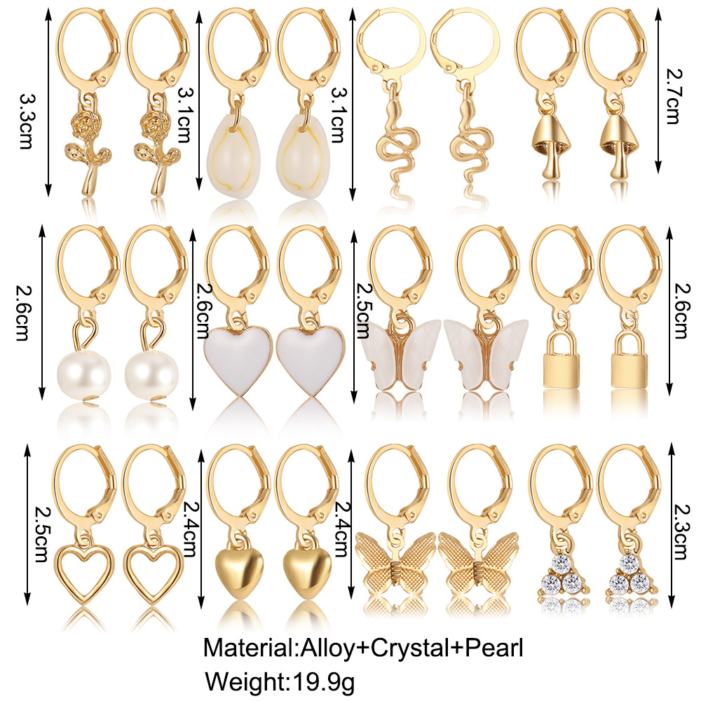A new cross-border heart-shaped imitation pearl lock snake butterfly mushroom lock ear buckle creative and personalized earring set of 12 pieces details Picture