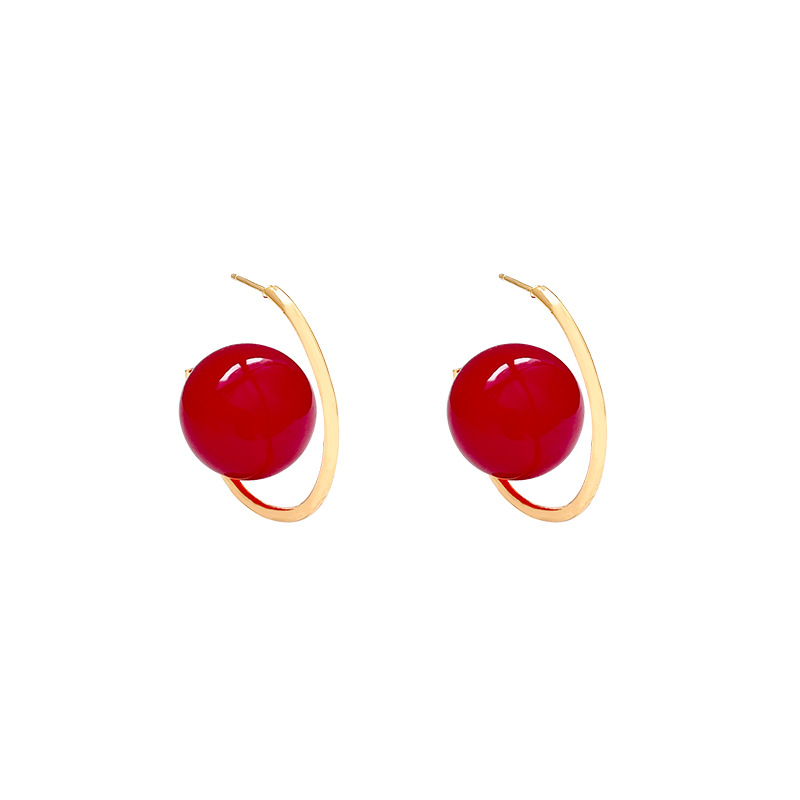 Red large pearl stud earrings for women, with a niche design and a sense of sophistication. New Year's Edition of 2025, stylish earrings and ear loops Item Picture