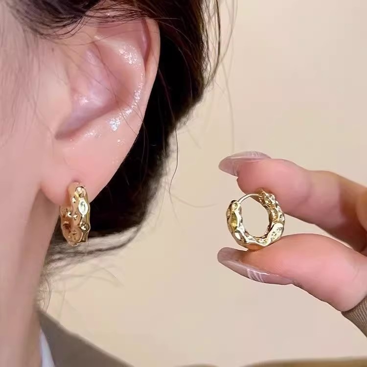 Hong Kong-style retro metal texture ring earrings, French high-end ear rings, women's light luxury and elegant ear accessory set Application Scenario