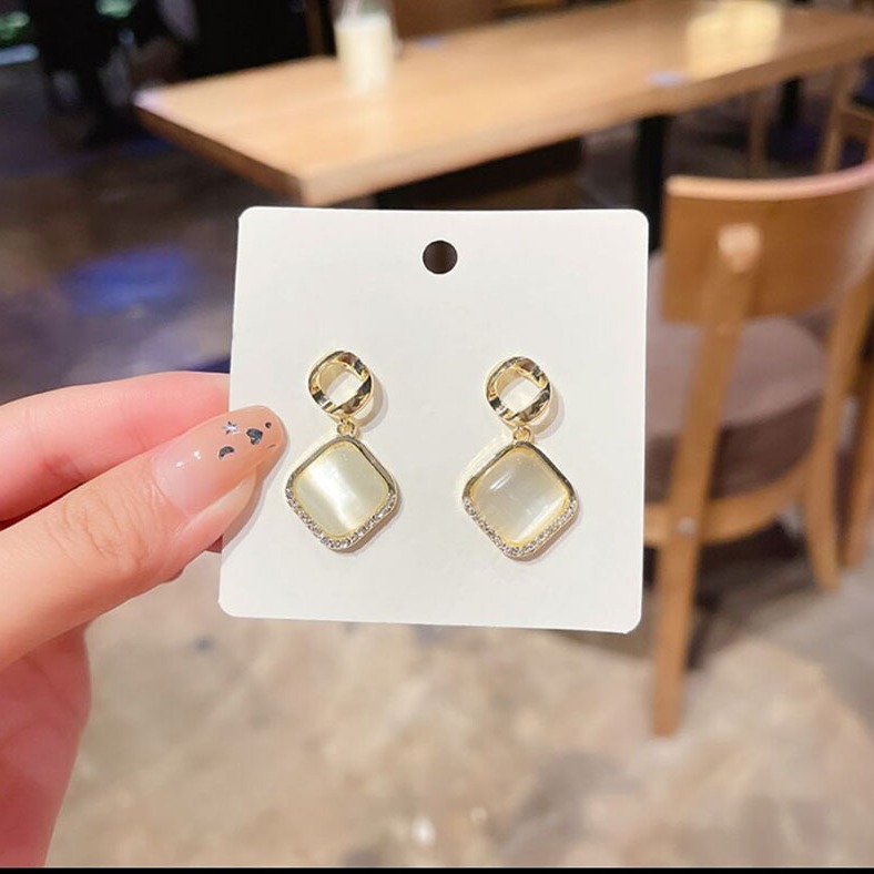 S925 Silver Needle cat's Eye Stone earrings, elegant and stylish geometric square diamond-encrusted earrings, simple and compact earrings wholesale details Picture