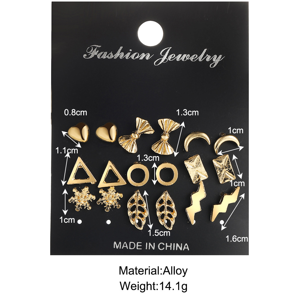 New creative and personalized geometric earrings, golden heart triangle, round leaf, moon stud set mixed batch details Picture