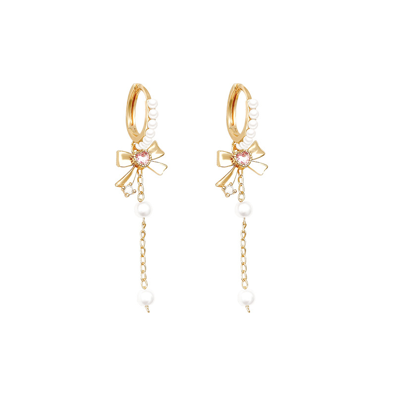 Micro-inlay zircon bow pearl long tassel earrings for women, s925 silver needle, super ethereal and elegant earrings, internet-famous earrings Item Picture