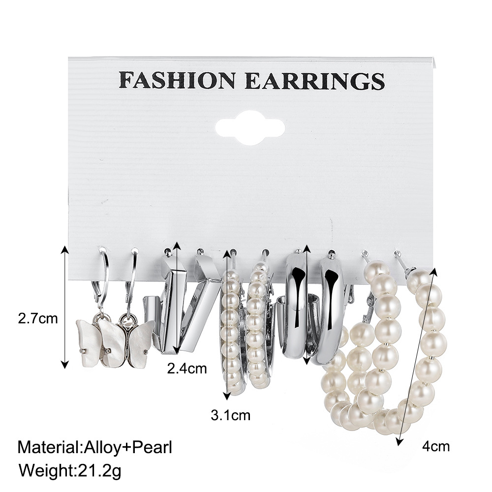 Wholesale of cross-border best-selling pearl-inlaid imitation earrings, creative retro acrylic butterfly ear ring set of 5 pieces Specification drawing