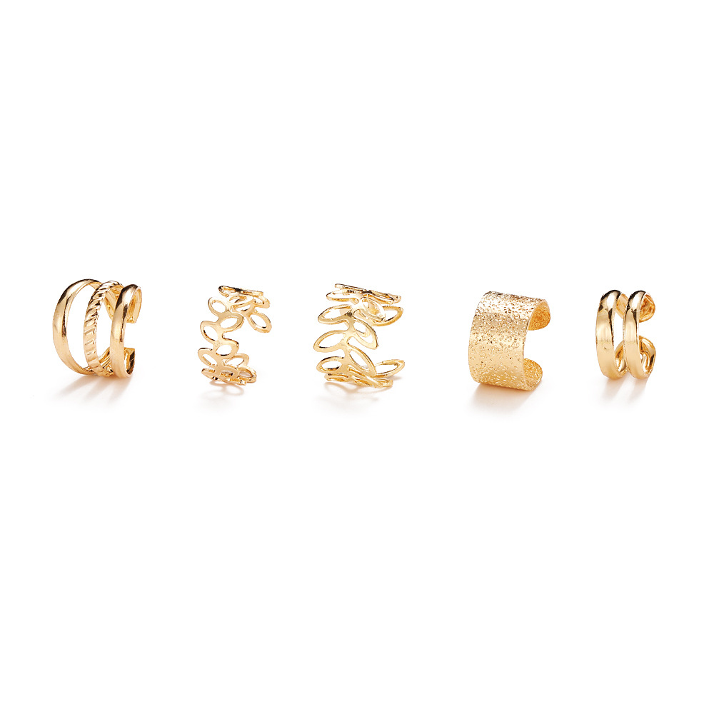 Creative and simple five-piece ear bone clip set without ear holes, personalized golden leaf hollowed-out multi-layer earrings, C-shaped ear clips Item Picture