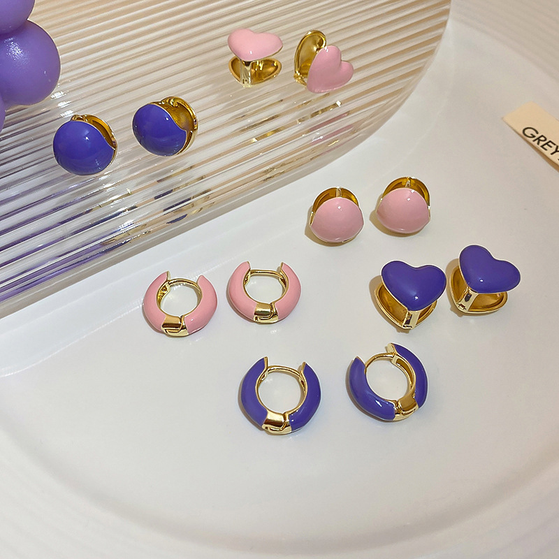 Vinca blue and purple series oil-dripping heart-shaped round earrings for women, 2025 new trendy French fashion earrings and earrings full figure