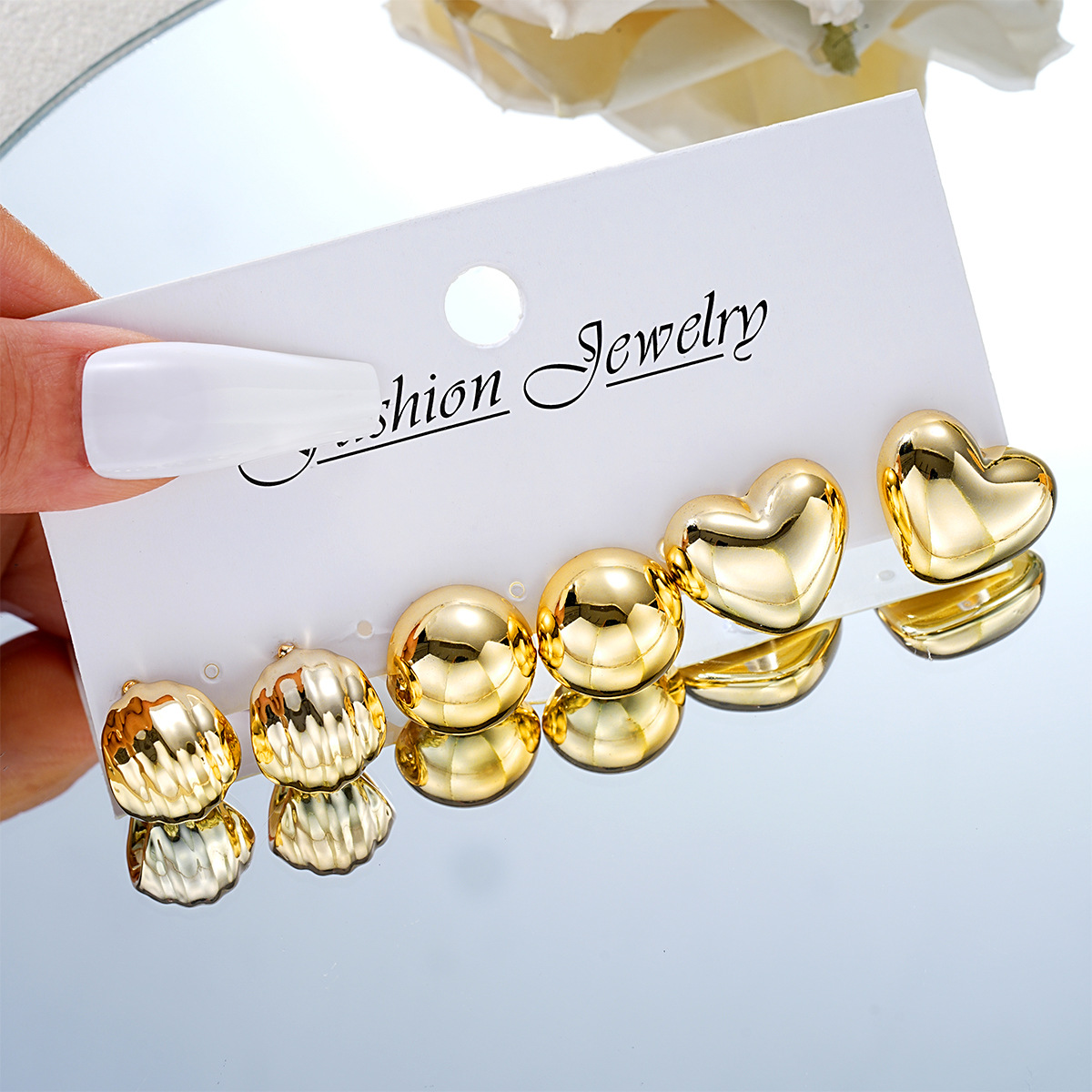 Cross-border European and American high-end creative CCB semi-circular heart-shaped ear stud 3-piece set, fashionable, elegant and versatile new earrings full figure