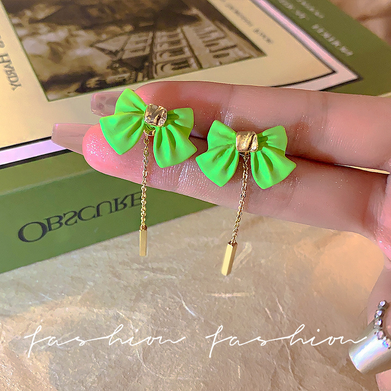 Bow earrings, versatile long tassel stud earrings, green forest-themed exquisite and fashionable earrings for women, 925 silver needle wholesale full figure