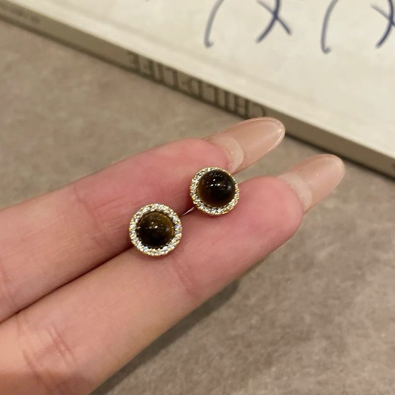 Retro Hong Kong-style round zircon stud earrings for women in winter, simple and elegant, versatile earrings, niche design, high-end sense earrings details Picture