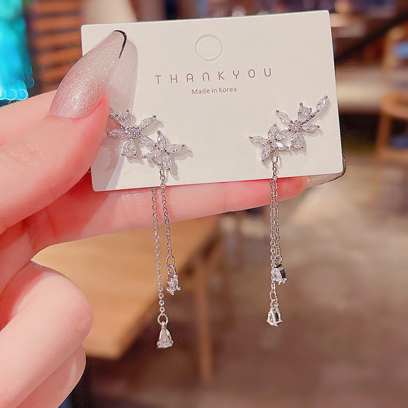 S925 Silver Needle High-end fringed zircon earrings for women, Korean super fairy-like flower earrings, design sense, internet-famous earrings full figure