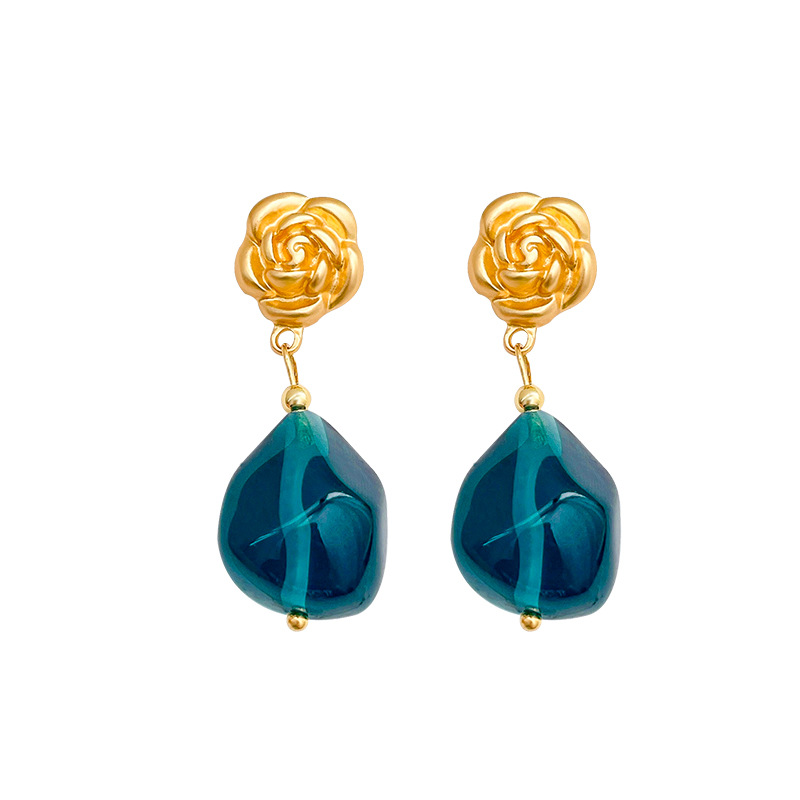 New high-end rose earrings from South Korea, fashionable, niche and versatile resin teardrop long earrings, commuting earrings Item Picture