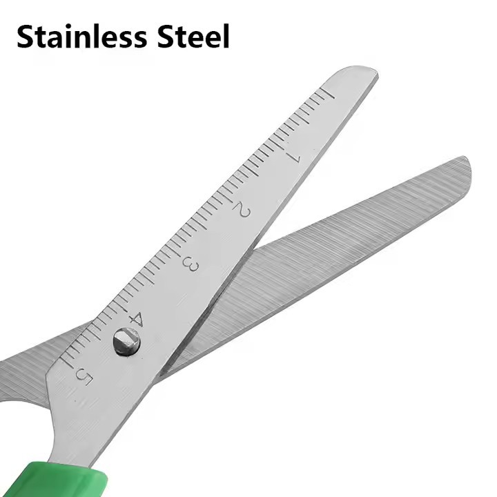 Wholesale 5-inch calibrated ruler scissors, stainless steel plastic handle student scissors, children's safety stationery scissors Specification drawing