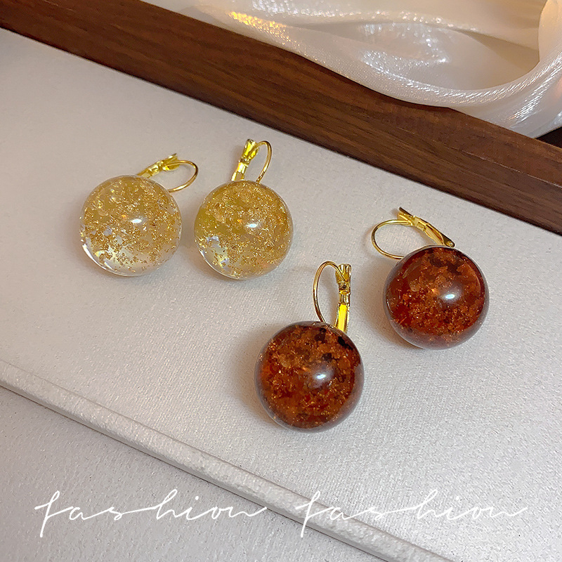 Amber gold foil retro transparent coffee large round ear buckle earrings, autumn and winter high-end, gentle and face-enhancing small earrings for women wholesale Specification drawing