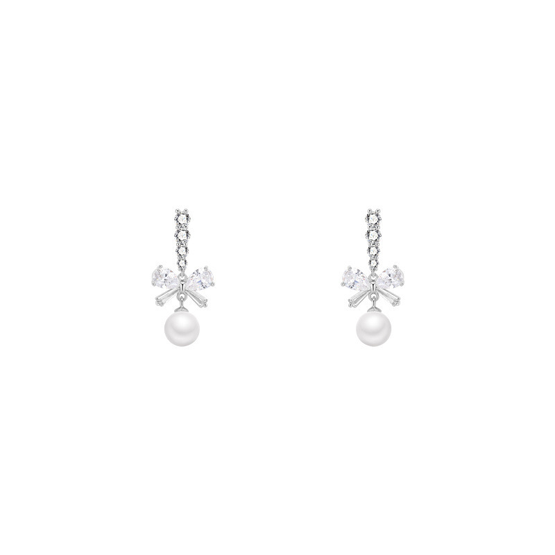 French bow pearl tassel stud earrings for women, retro, fashionable and high-end style earrings, exquisite, small and versatile earrings Item Picture
